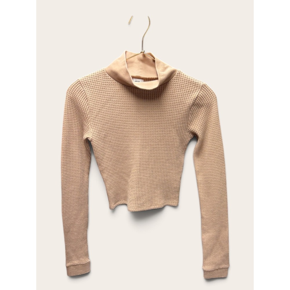 Aerie Womens Waffle Knit Crop Top Tan Beige Mock Neck Long Sleeve XS